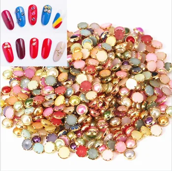 

100pcs 4mm mix color Pearl Rivet Mini Pearl Gems with Gold Accent Rims 3D Nail Art Flatback Bling Gems Resin Acrylic Flat back