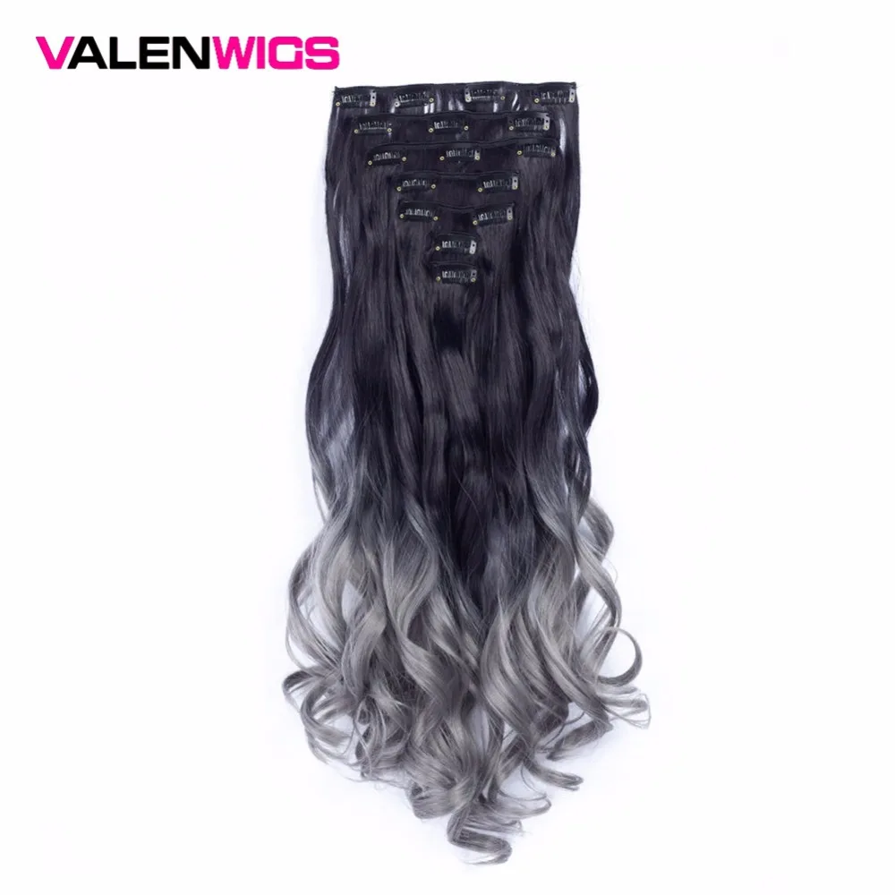 

Valen Wigs Clip In Hair Extensions Ombre Full Head Clip On Hair Extensions Curly Synthetic HairPieces long 22" 7pcs/set