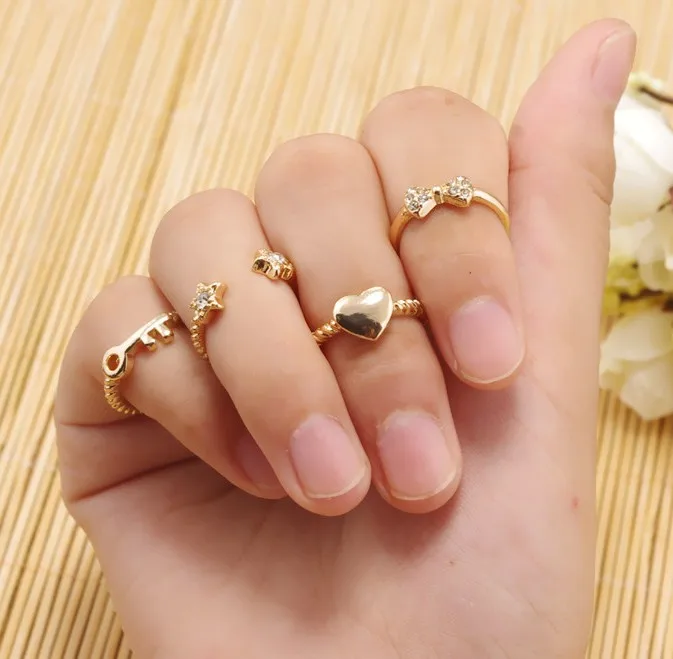 

6PCS/Set Punk Vintage Nail Rings Set Gold Silver Bow Heart Star Rings For Women Vintage Wedding Jewelry Gifts Wholesales Bijoux