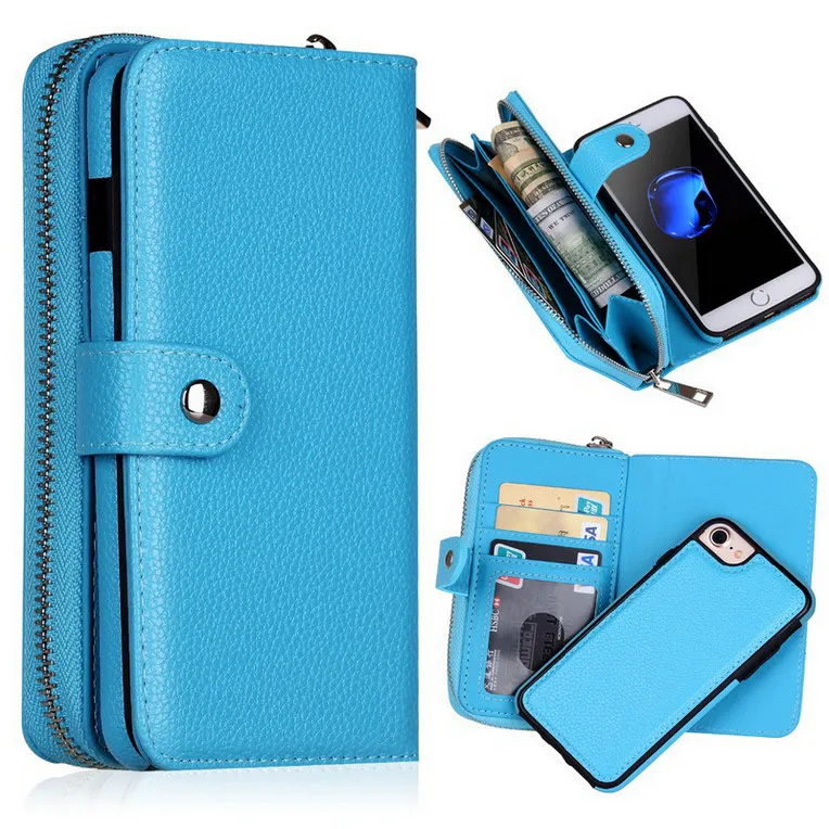 Съемный кожаный чехол-кошелек на молнии для iPhone 11 Pro Max XS MAX XR 6 6S 7 Plus 8X5 5S SE многофункциональный чехол для сумки - Цвет: Небесно-голубой