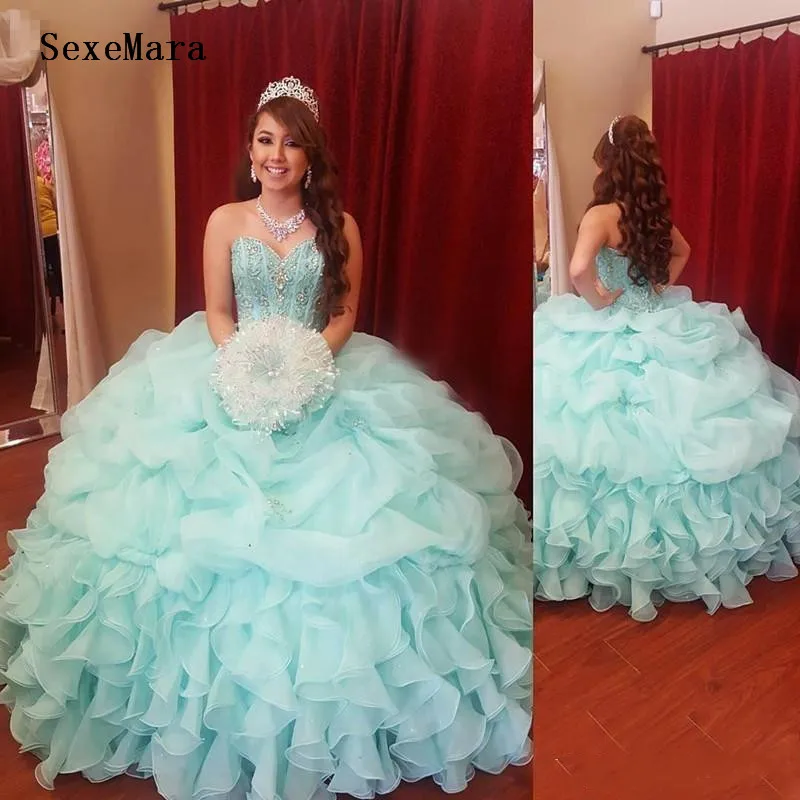 

Luxury Ball Gown Girls Dresses Sweetheart Crystal Ruffles Puffy Organza Mint Sweet Girls Prom Party Special Occasion Gown