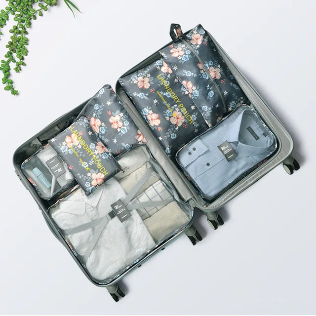 XYLOBHDG New High capacity 7pcs/set Travel Suitcase Organizer Bag Women Men Clothes Partition Arrange Storage Luggage Bags - Цвет: Gray flowers one