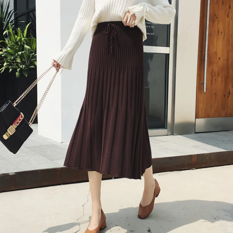 

2018 Elegant Autumn Winter Knit Midi Skirts Women High Waist Sweater Skirts Chic A-line Long Skirt Ladies Vintage Pleated Skirt