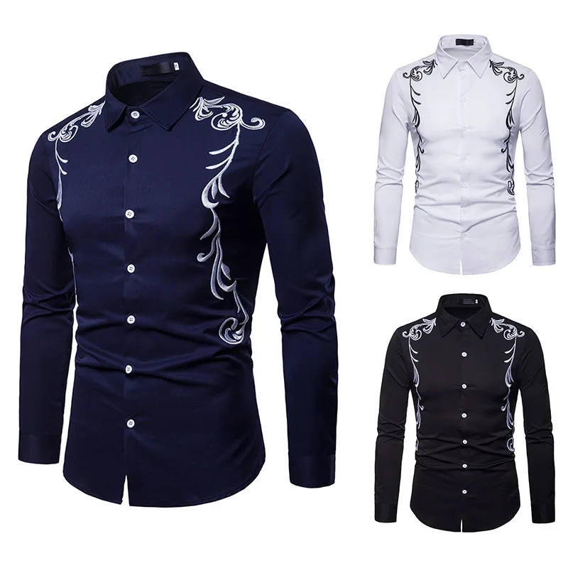 

Classic Men Shirt Royal Palace Style Silver Embroider Turn-down Collar Shirts Men Clothes 2018