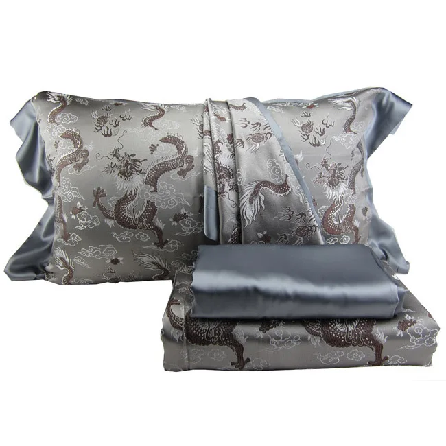 Silk woven damask four piece bedding set vintage silk bedding silk chinese dragon greyin