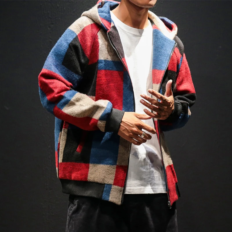 Woolen Plaid Hooded Men Jacket Coat Man Hip Hop Streetwear Men Jacket