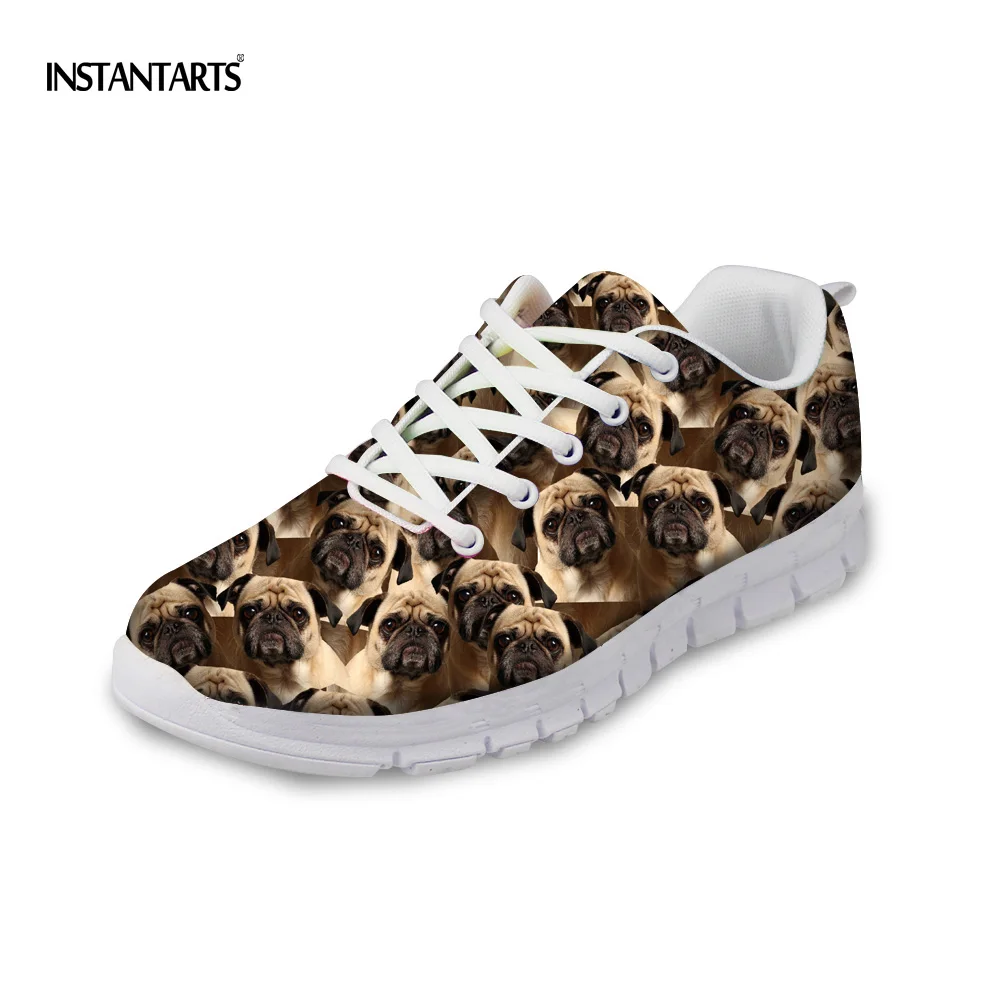 

INSTANTARTS Brown Mesh Lace Up Women Casual Sneakers Shoes Cute Animal Dog Puzzle Design Pug Dog Shoes Comfortable Student Flats