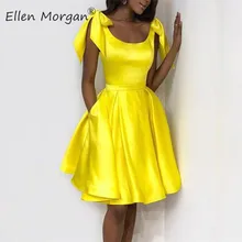 Желтые атласные Короткие платья для выпускного вечера реальные жизни колено обратно в школу Милые 8 класса выпускные дешевые вечерние платья