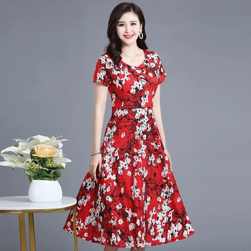 

HANQIYAHULI New Summer Print Floral Dress Women O Neck Short Sleeves Chiffon Bohemian Dresses Beach Midi Female Wrap Long Dress