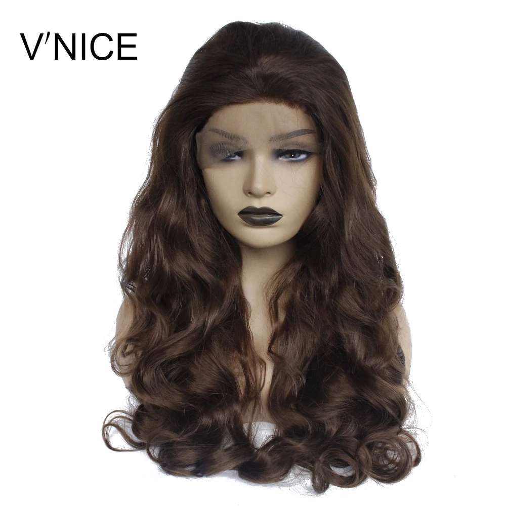 Natural Long Dark Brown Wavy Wigs for Women Gluelesss Heat Resistant Fiber Synthetic Lace Front