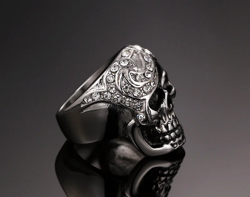 Meaeguet Vintage Cubic Zirconia Skull Rings Europe Silver-Color Stainless Steel Rings For Women Party Skeleton Ring