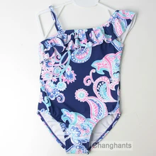 cute baby girl font b swimwear b font one piece deep blue with flowers pattern 2