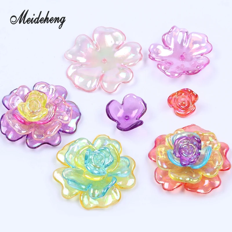

Transparent flowers Rainbow Different sizes four in one flower Beads DIY Craft Beads For Jewelry Making Needlework Accessories