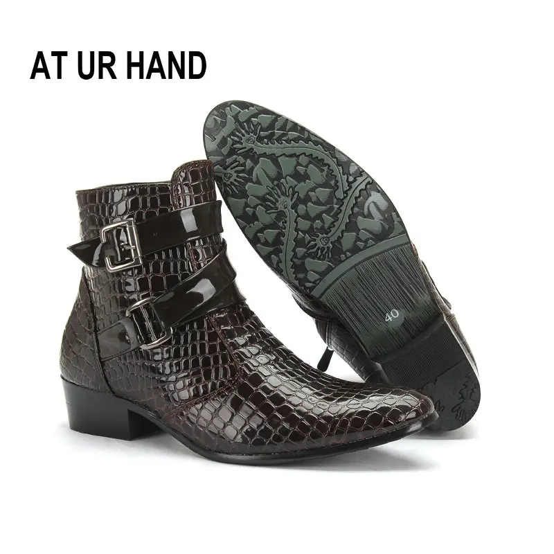 Vente À UR MAIN Hommes Bottes Cheville De Mode Bout Pointu Bottes Brevet PU En Cuir Style Décontracté Taille 39 44