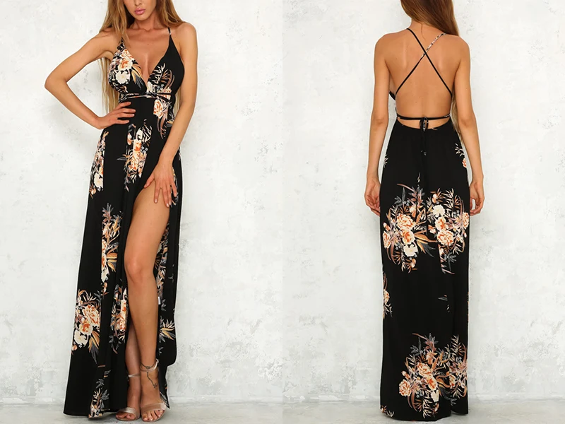 Bohemian Floral Print Boho Maxi Dress Women Chiffon Beach Summer Dress Deep V-Neck Split Backless Sexy Long Dress (5)