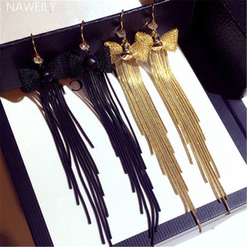 

Pretty Bow Tassel Earrings For Women 2019 New Fashion Gold Black Earring Hyperbole Rhinestone Long Earrings Party Jewelry