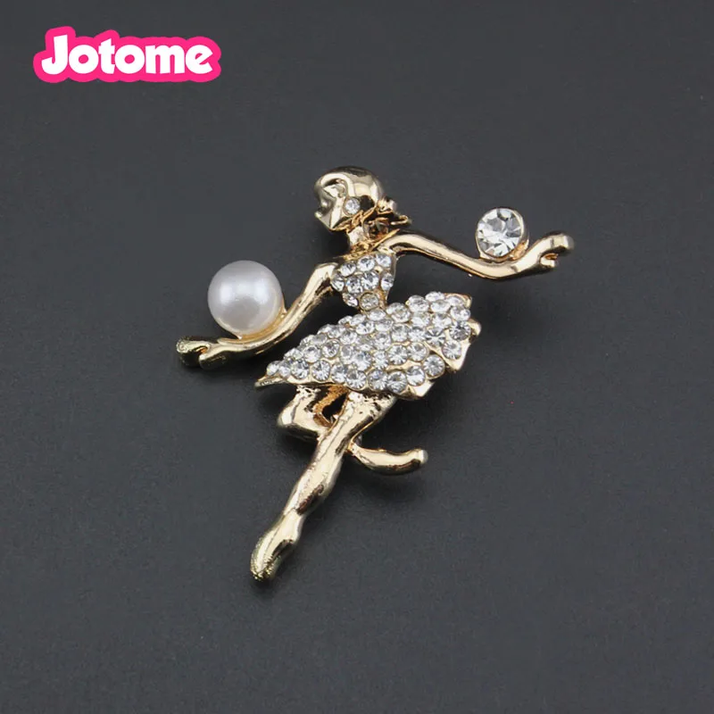 

100pcs/lot Trendy Flower Girl Jewelry Gold-Tone Clear Crystal Dancing Ballet Ballerina Girl Art Deco Accessory Brooch Pin