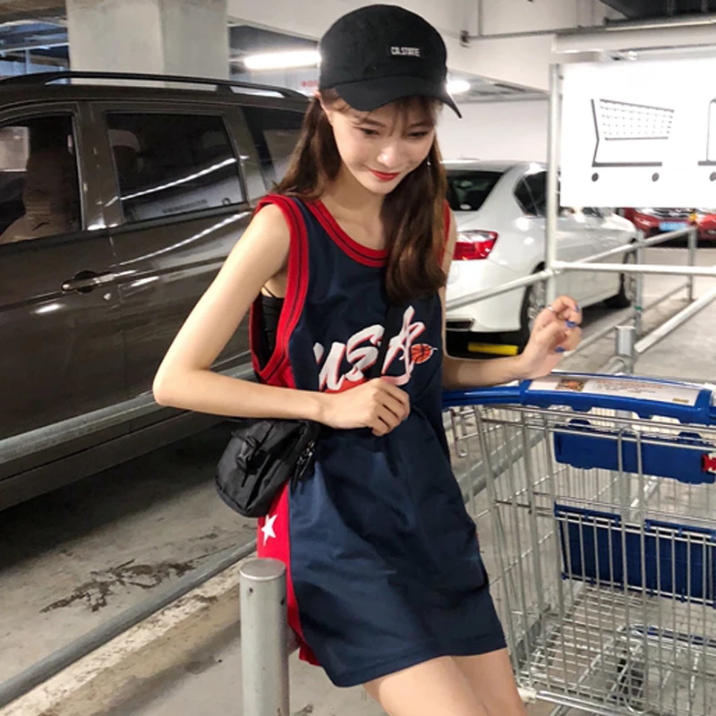 

Streetwear Fashion Sport Women T-shirt Summer Long Tank Letter Vest Sleeveless Korean Female T-shirt Loose Leisure Clothing