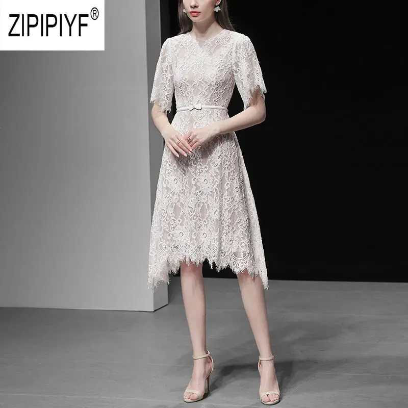 White Модные женские платья с круглым вырезом и коротким Расклешенным рукавом, а-силуэт, кружевные платья, повседневные короткие элегантные платья Z1148 - Цвет: White