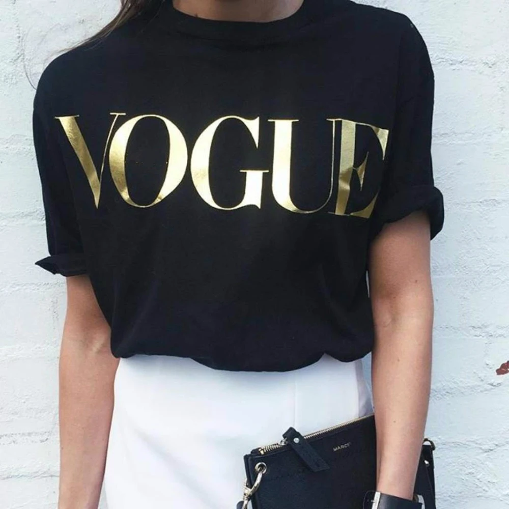 Золотой Vouge Письмо печати футболка Для женщин короткий рукав с круглым вырезом свободные футболки Лето Для женщин футболка топы Camisetas Mujer