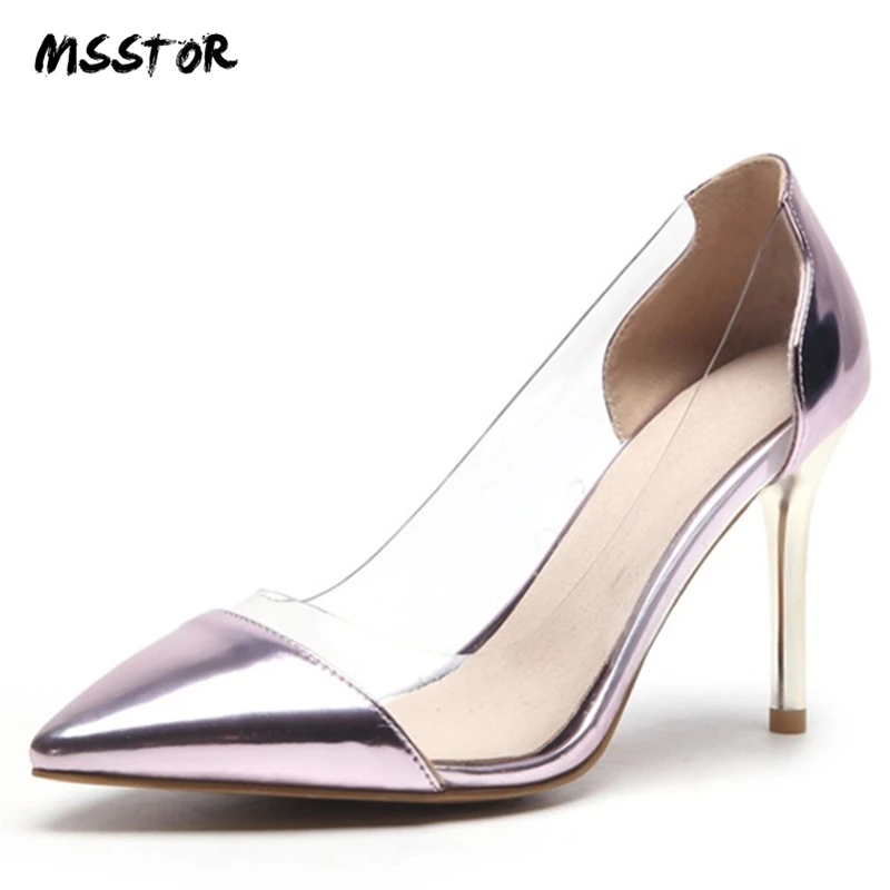 

MSStor Transparent Heels Mixed Colors Fashion Autumn Spring Pumps Shoes Women Pointed Toe Shallow Big Size Shoes Women 2019 Sexy