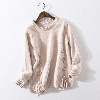 

2018 O Neck Sweater Pullover Autumn Winter New Korean Loose Beige Sweater Lace Up Sweater Hot Sale China Girl Fashionable