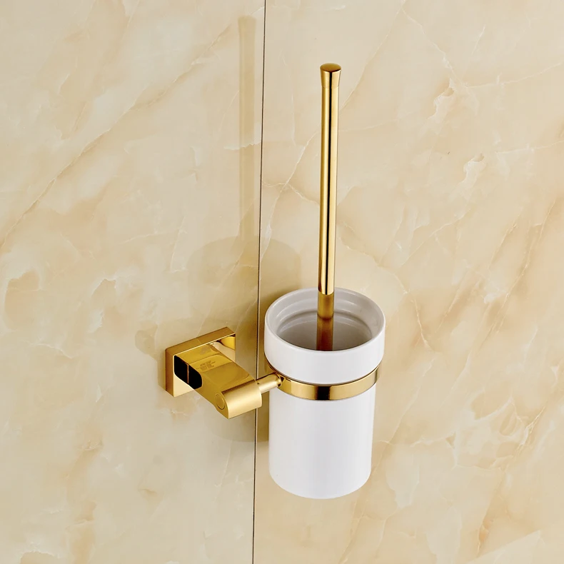Gold Finish Toilet Brush Holder Set Cup + Brush + Bar Wall Mountedin