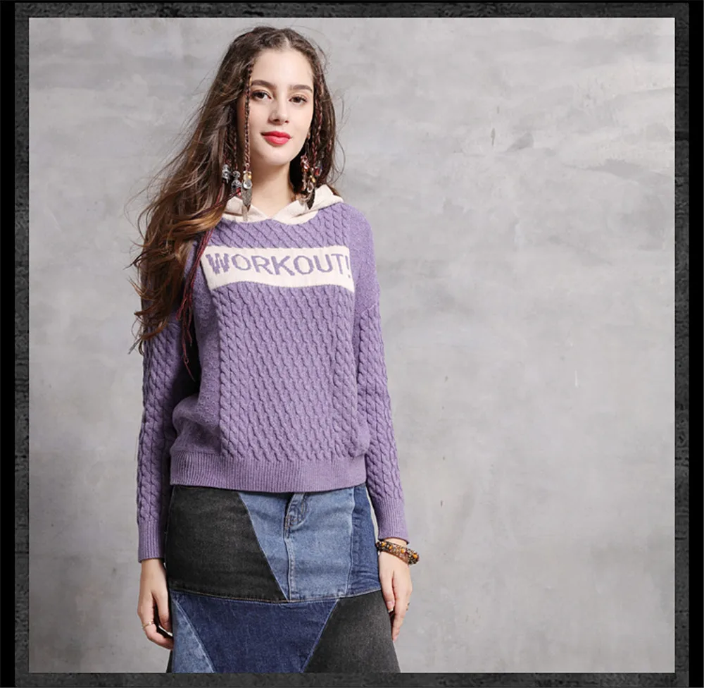 Vintage Female Knitted Hooded Sweater 2018 Winter Cotton Wool Pullover Long Sleeve Letter Skin Friendly Sweaters For Women (10)