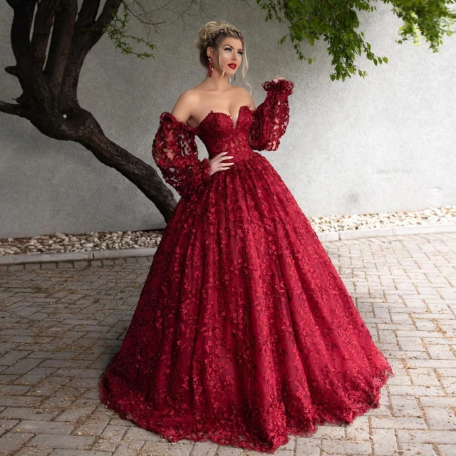 Dark Red Ball Gown Prom Formal Dress Unique Detachable Long Sleeves Burgundy Engagement Dress Up Long Evening Wear - Dresses - AliExpress