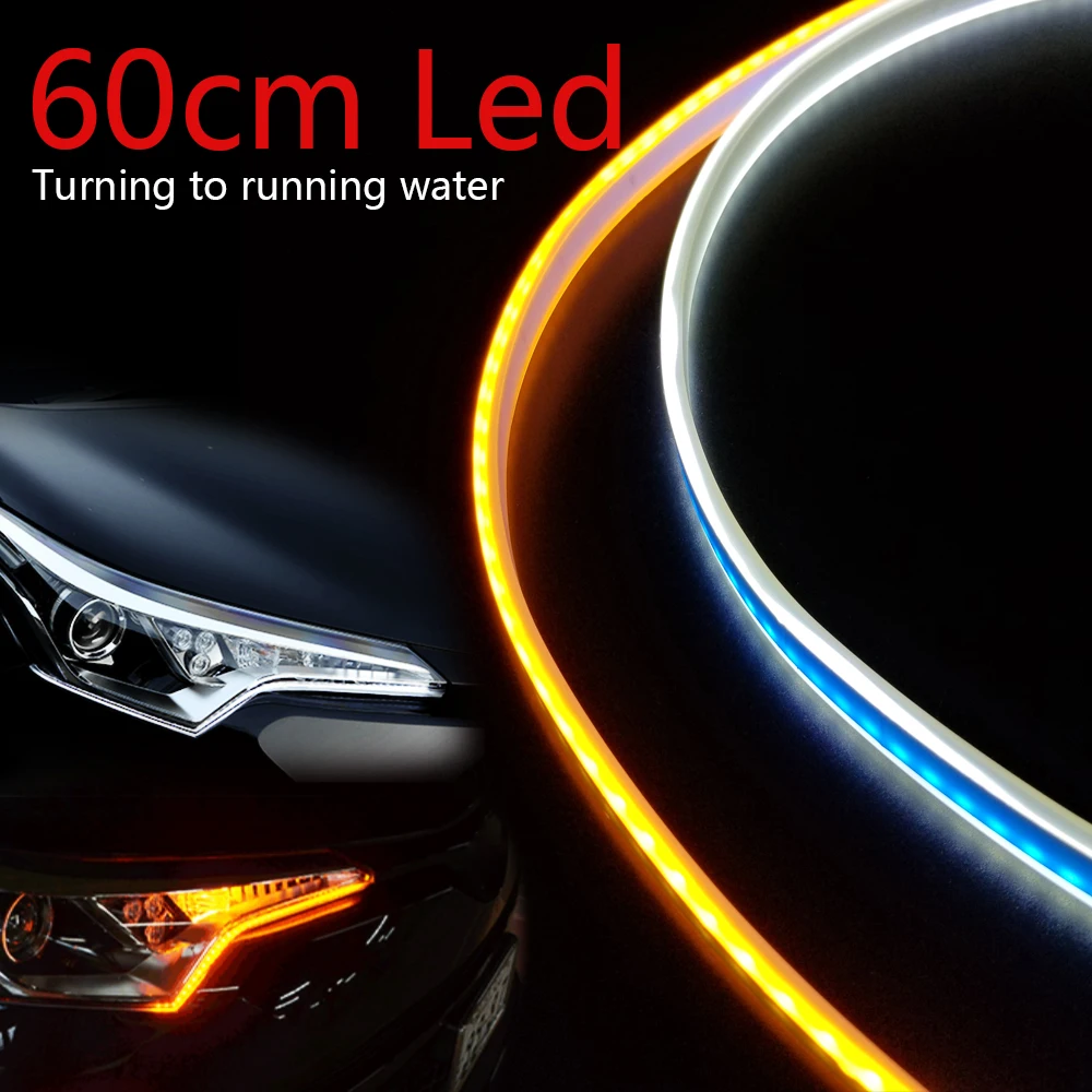 

2Pc 60cm LED Strip Light Waterproof Slim Flexible Turn Signal DRL Running Light Yellow Flowing Daytime Running Lights