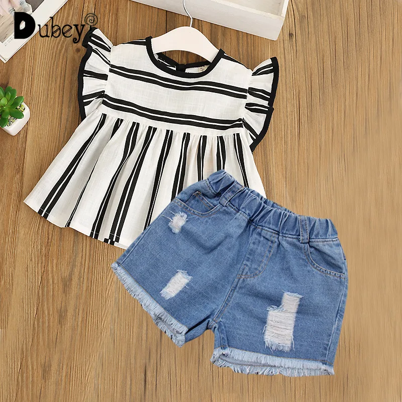

New Toddler Girls Summer Outfit Casual Striped T - Shirt + Shorts Boutique Outfits for Little Girls Holiday Girl Clothing Set