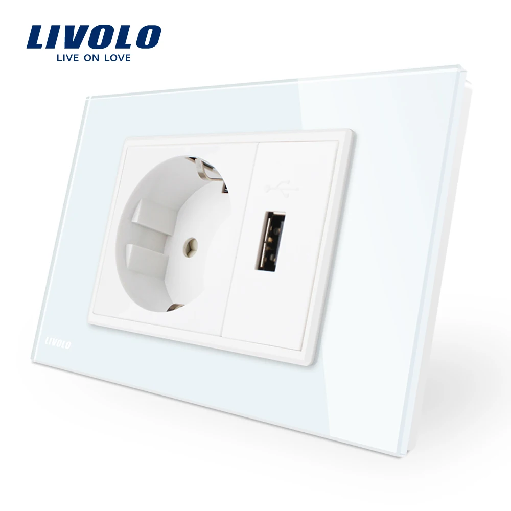 Livolo две банды ЕС розетка и USB розетка, белая кристальная стеклянная панель, AC 110~ 250V 16A настенная розетка, VL-C9C1EU1U-11