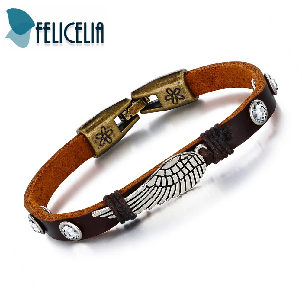 Felicelia New Arrival Feather Wing Design Men Bracelets Brown PU Leather Wrap Bracelet For Boys Casual Sporty Jewelry | Украшения и