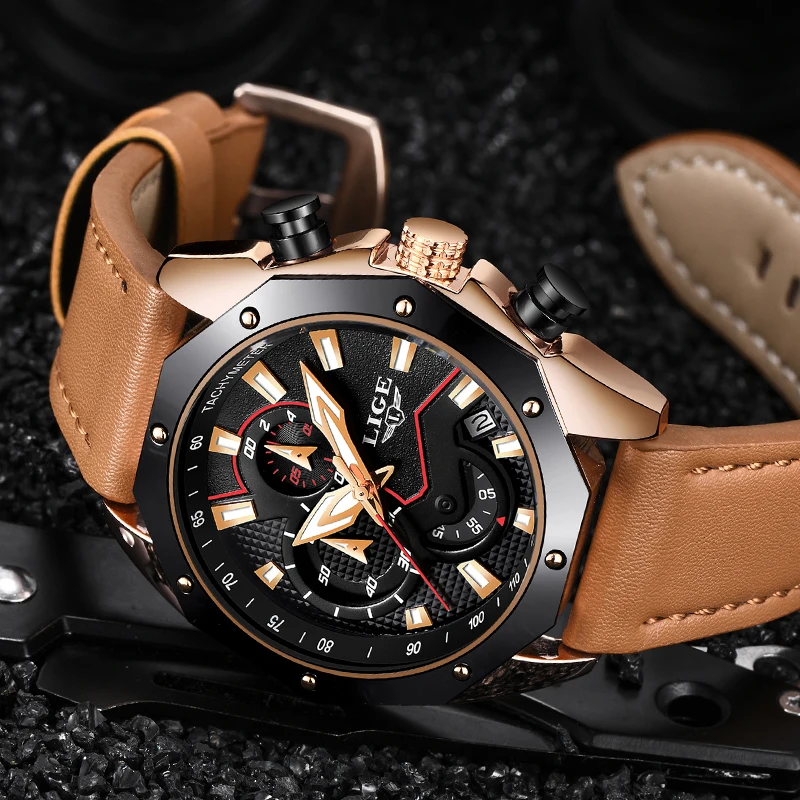 LIGE Mens Watches Top Brand Luxury Men's Military Sports Quartz Watch Men Casual Leather Waterproof Wristwatch Relogio Masculino