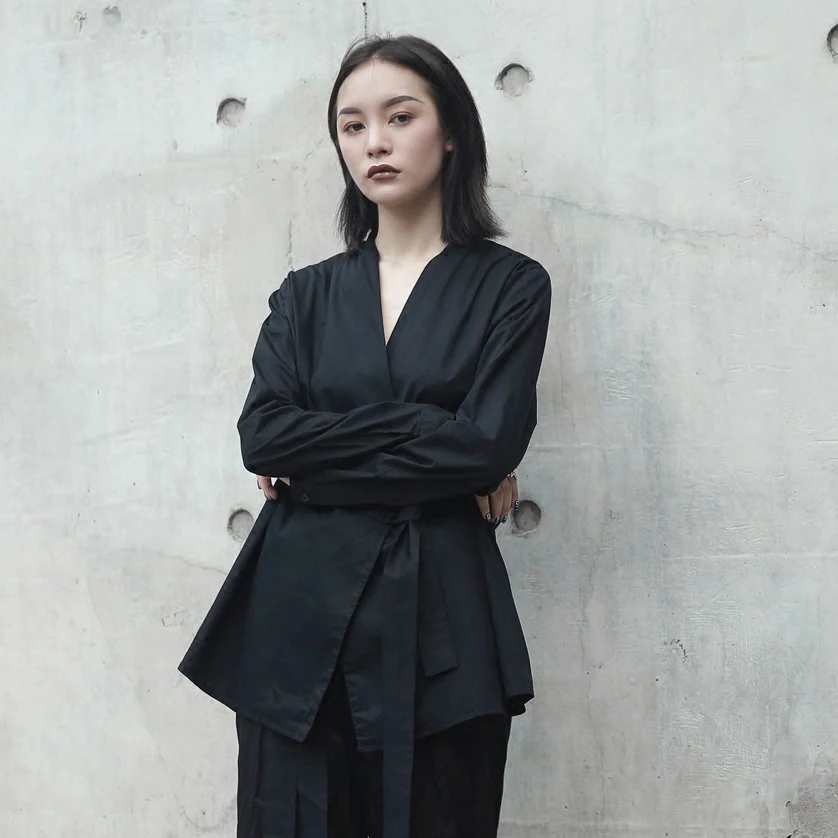 

Cakucool New Long Sleeve Blouse Solid Black White Kimono Style Pure Cotton Brief Design Slim Lace up Blusas Shirt Women