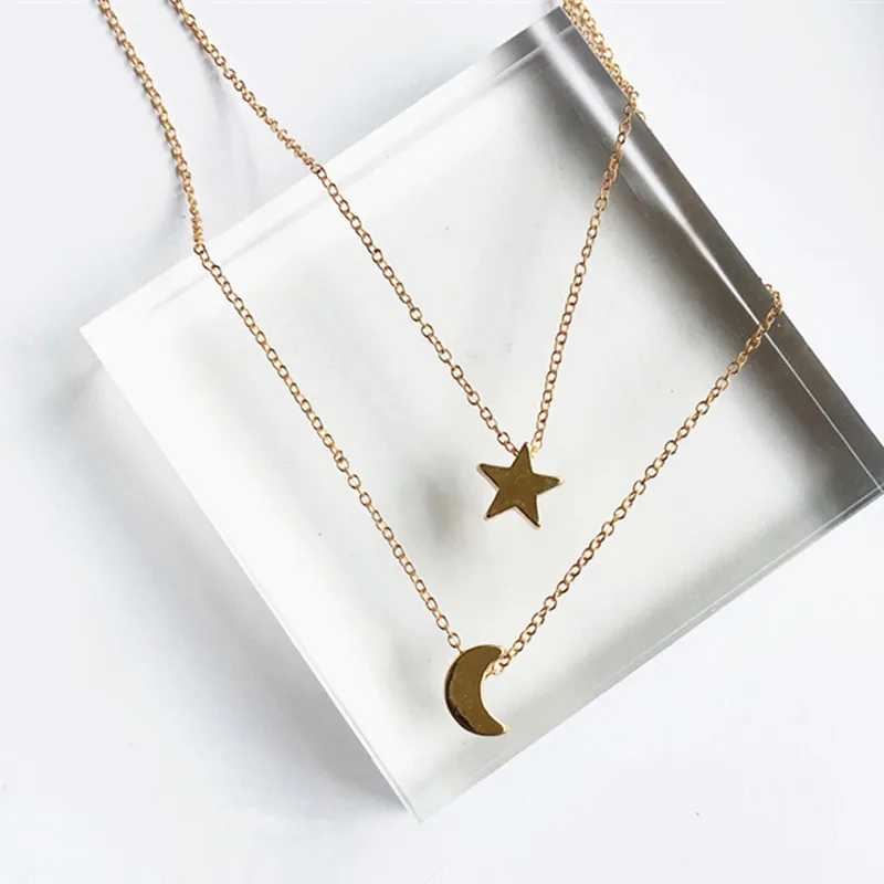 

Fashion Jewelry for Women Girl 2019 New Gold / Silver Color Star Moon Two Layered Chain Pendent Necklaces
