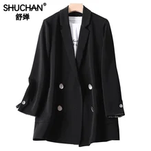Shuchan Double Breasted Blazer Feminino Notched Loose Women's Jacket Autumn Fall 2019 New Items Solid Black Blazer Korean