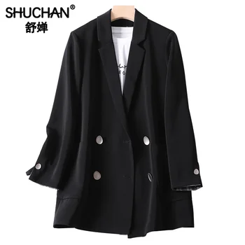 

Shuchan Double Breasted Blazer Feminino Notched Loose Women's Jacket Autumn Fall 2019 New Items Solid Black Blazer Korean