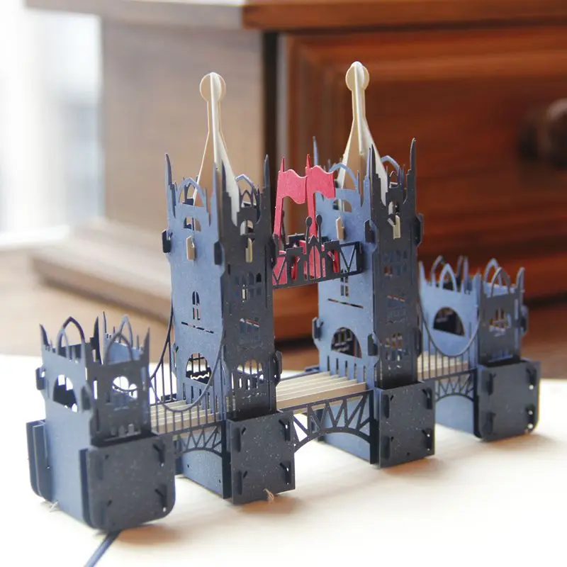 

(10 pieces/lot)3D Handmade Pop Up Paper Greeting Card Cutout Sculptures London Tower Bridge Business Gift Cards Souvenir Crafts