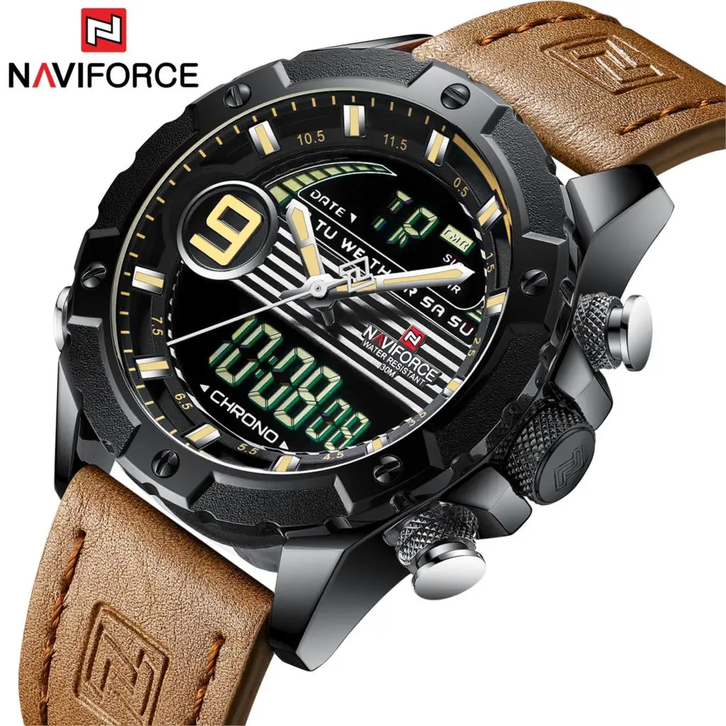 

NAVIFORCE Brand New Men Watch Digital Leather Male Sports Chronograph Military Quartz Watches 3Bar Waterproof 2019 Brown Yellow