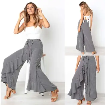 

Sexy Striped Bow Tie Women High Waist Ruffle Wide Leg Long Pants Trousers