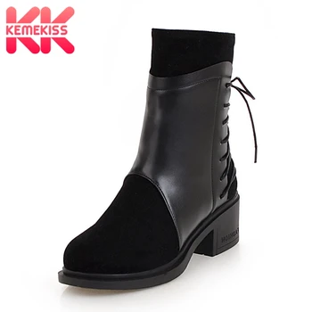 

KemeKiss Fashion Women High Heel Boots Zipper Bowknot Warm Fur Shoes Women Winter Mid Calf Boots Patchwork Footwear Size 33-43
