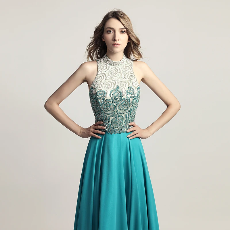 New Arrival Chiffon Black Long Prom Dresses with Full Top Beading High Neck Open Back Formal Evening Wear Cheap Party Gown LX419