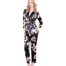 Черная женская ночная рубашка из 3 предметов с длинным рукавом, искусственный шелк, сексуальный пижамный комплект, китайская винтажная Ночнушка с драконом и женское платье рубашка и штаны, Пижама, одежда для сна