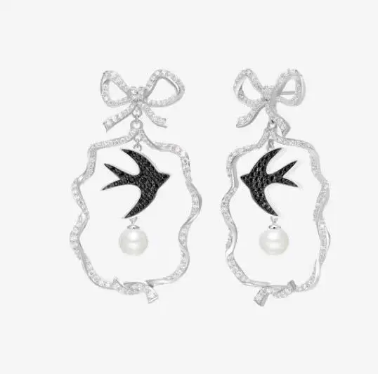 

ZOZIRI Brand 925 sterling silver cute swallow Stud Earrings for women full crystal bowknot natural small pearl earrings jewelry
