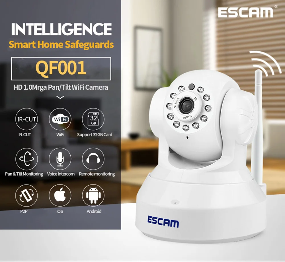

ESCAM QF001 ip camera wi-fi HD wireless 720P CCTV home security camera wifi indoor network Night Vision ip cam Camera