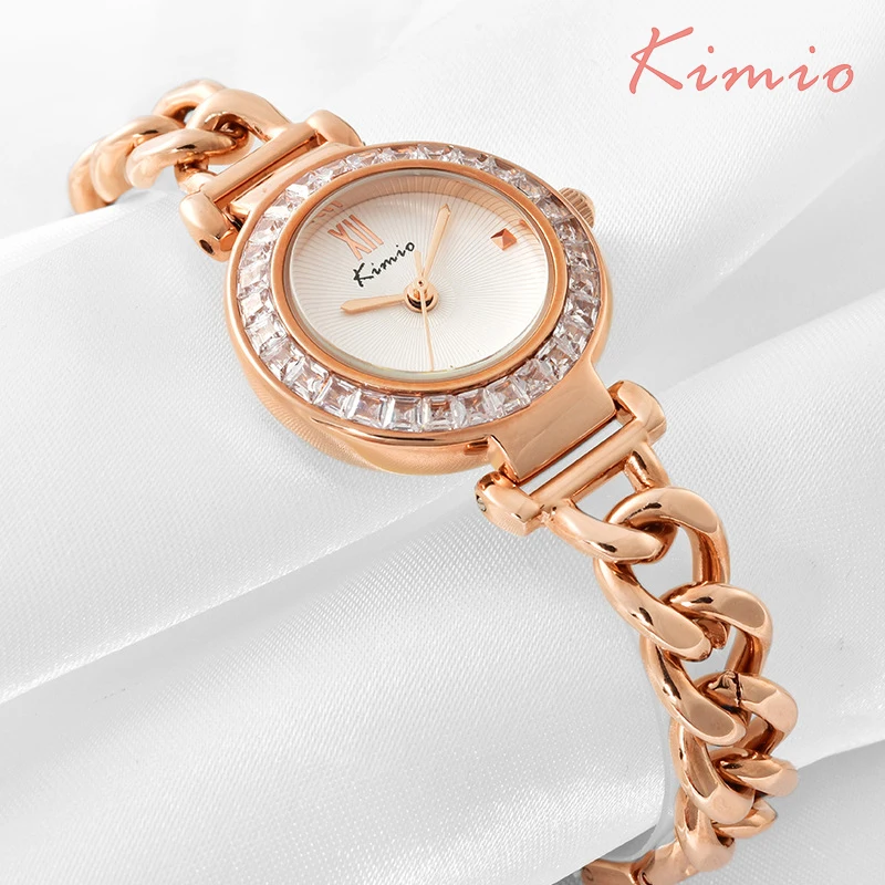 

KIMIO Exquisite Zircon Small Dial Hand Chain Bracelet Watch Strap Rose Gold Quartz Watch Women Clock Womens Watches Top Brand