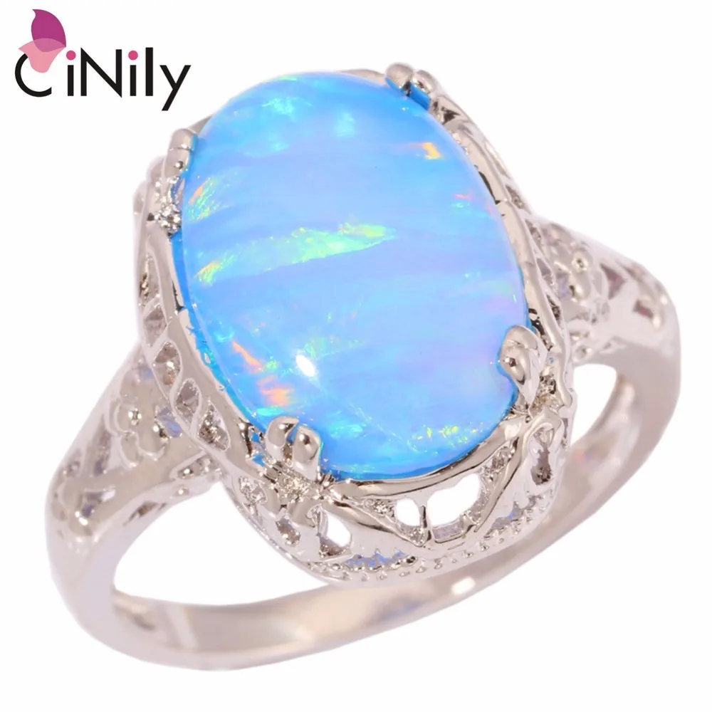 CiNily Created Rainbow Blue Fire Opal Silver Plated Wholesale Hot Sell for Women Jewelry Party Ring Size 7 8 9 OJ5703-04