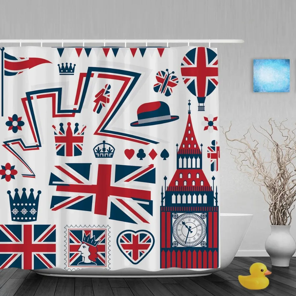 United Kingdom Flags Decor Bathroom Shower Curtains Vintage London Big