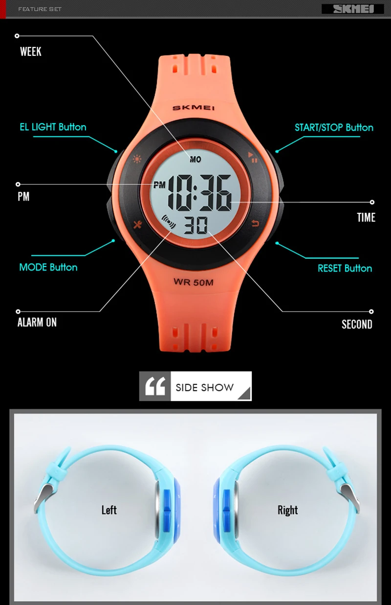 Детские часы, светодиодный, в спортивном стиле, детские цифровые электронные часы для мальчиков и девочек, с рисунком, 50 м, водонепроницаемые часы SKMEI